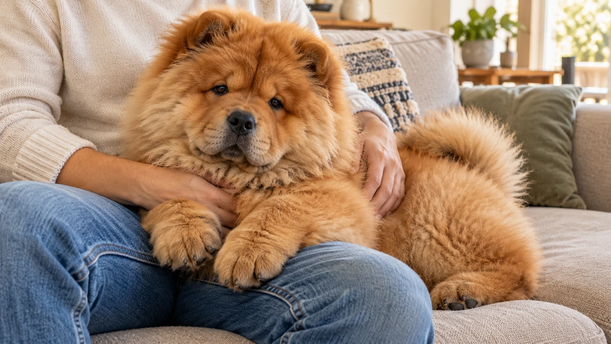 Çin Aslanı köpek — sahibinin kucağında