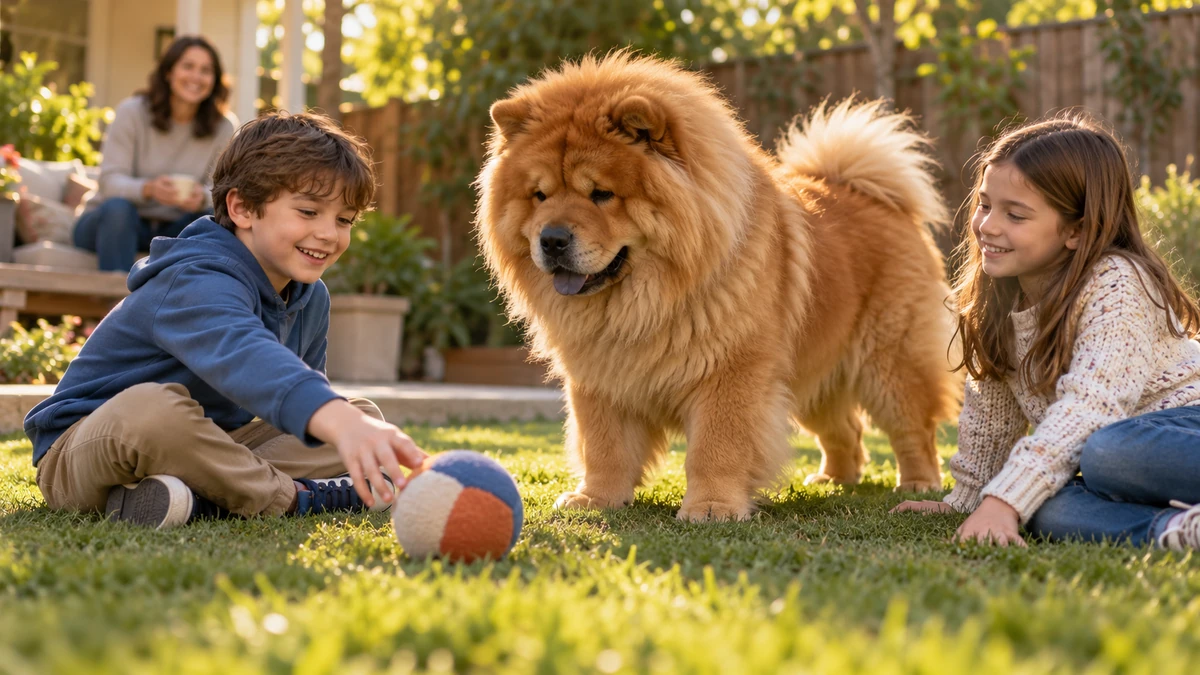 Çin Aslanı köpek — çocuklarla oyun